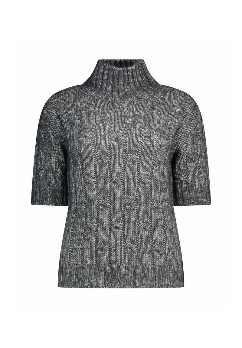 Maglione a maniche corte e collo alto in maglia grigia mélange, caratterizzato da un motivo a treccia testurizzato e scollatura a coste.