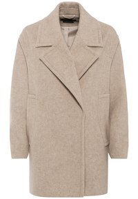 Beige villasekoituksinen takki, jossa on leveät läpät, pudotetut olkapäät, suuret sivutaskut ja rento siluetti. Pehmeä, tekstuuri pinta.