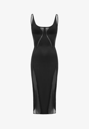 Czarna sukienka o dopasowanym kroju, z przezroczystymi bocznymi panelami, regulowanymi ramiączkami i gładką teksturą.