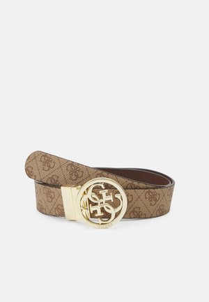Ceinture en cuir marron à motif avec boucle ronde dorée ornée des lettres entrelacées « G » et « S ».
