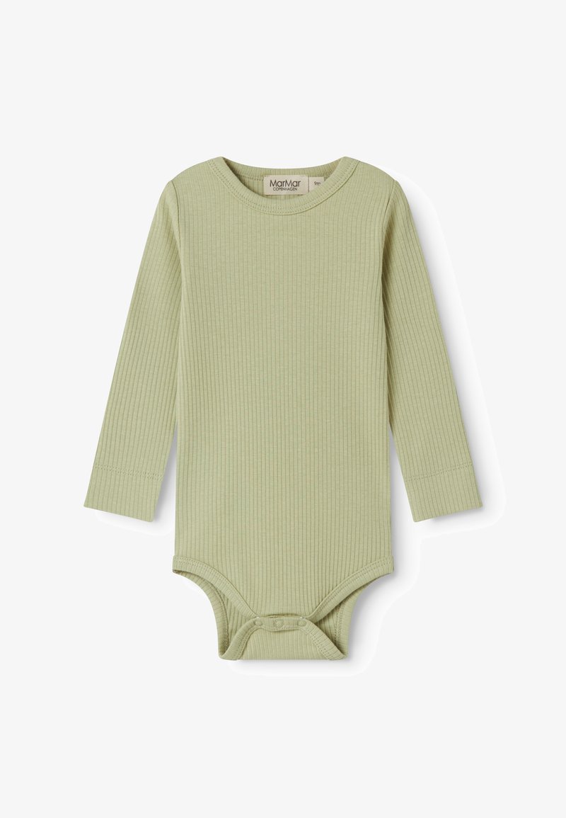Body bébé à manches longues côtelé vert clair avec boutons-pression à l'entrejambe, taille 9 mois, étiquette MarMar Copenhagen.