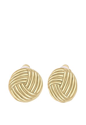 Goldfarbene Ohrringe mit einem gewebten Design und erhabenen, geschwungenen Linien. Runde Form mit glatter Oberfläche und sicherem Verschluss.