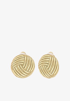 Goldfarbene Ohrringe mit einem gewebten Design und erhabenen, geschwungenen Linien. Runde Form mit glatter Oberfläche und sicherem Verschluss.