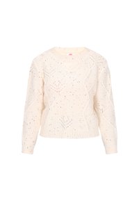 Kremowy sweter z dzianiny z prążkowanym kołnierzem i mankietami, z małymi kolorowymi drobinkami i teksturowanymi wzorami kwiatowymi.