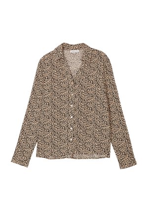 Leopard print button-up shirt in beige and black. Long sleeves, collar, and a slightly loose fit with a straight hem and fabric texture.