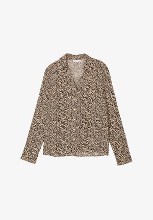 Leopard print button-up shirt in beige and black. Long sleeves, collar, and a slightly loose fit with a straight hem and fabric texture.