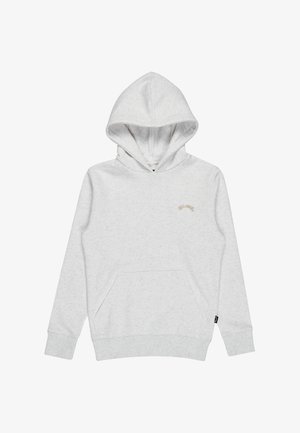 Jasnoszara bluza z kapturem wykonana z miękkiego materiału, z przednią kieszenią, ściągaczami przy mankietach oraz małym haftowanym logo w beżowym kolorze na klatce piersiowej.