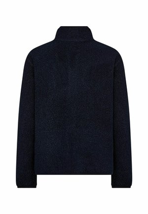 Giacca in fleece blu navy con colletto alto, superficie testurizzata e maniche lunghe. Presenta una vestibilità rilassata e nessuna ferramenta visibile.