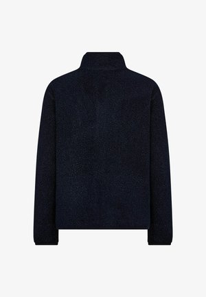 Marineblaue Fleecejacke mit hohem Kragen, strukturierter Oberfläche und langen Ärmeln. Verfügt über eine lockere Passform und keine sichtbaren Beschläge.