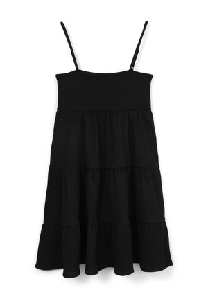 Black sundress with thin straps, featuring a smocked bodice and tiered skirt. Fabric has a textured finish and a flowing design.