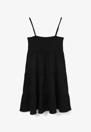 Abito da sole nero con spalline sottili, caratterizzato da un corpetto arricciato e una gonna a strati. Il tessuto ha una finitura texturizzata e un design fluido.