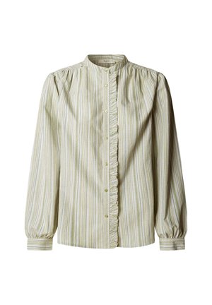 Béžová halenka s dlouhým rukávem s bílými a zelenými svislými pruhy, volánkovým zapínáním na knoflíky, nabíranými rameny a manžetami na zápěstí.