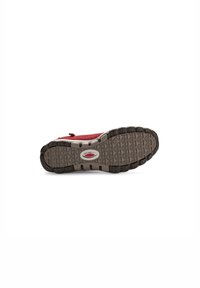 Red shoe with a textured surface and a flexible, patterned grey outsole. Features a rounded toe and a low-profile design.