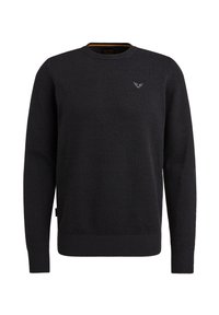 Pull en tricot noir avec un tissage texturé, col rond, poignets et ourlet côtelés, avec un petit logo sur la poitrine.