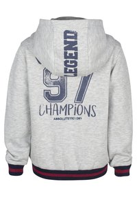 Sweat à capuche gris avec une capuche, arborant un imprimé graphique marine "97" et "CHAMPIONS" au dos. Poignets et bas côtelés avec des accents rouges.