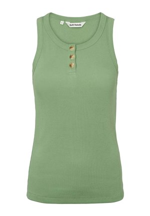 Zelený rebrovaný tielko s okrúhlym výstrihom a tromi zlatými gombíkmi vpredu. Vyrobené z mäkkého a pružného materiálu.