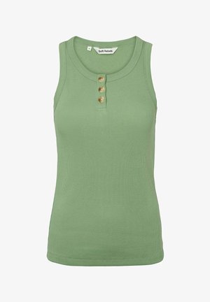 Green ribbed tank top featuring a round neckline and three gold buttons at the front. Made from a soft, stretchy material.