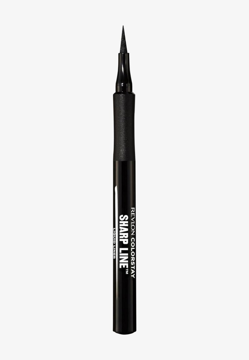 Le liner liquide Revlon Colorstay Sharp Line présente un tube noir élégant, une pointe fine et un texte blanc indiquant la marque et le nom du produit.