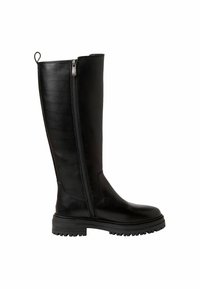 Bottes en cuir noires montantes avec une fermeture éclair sur le côté, semelle en caoutchouc robuste et texture lisse. Comprend une languette au sommet pour un enfilage facile.