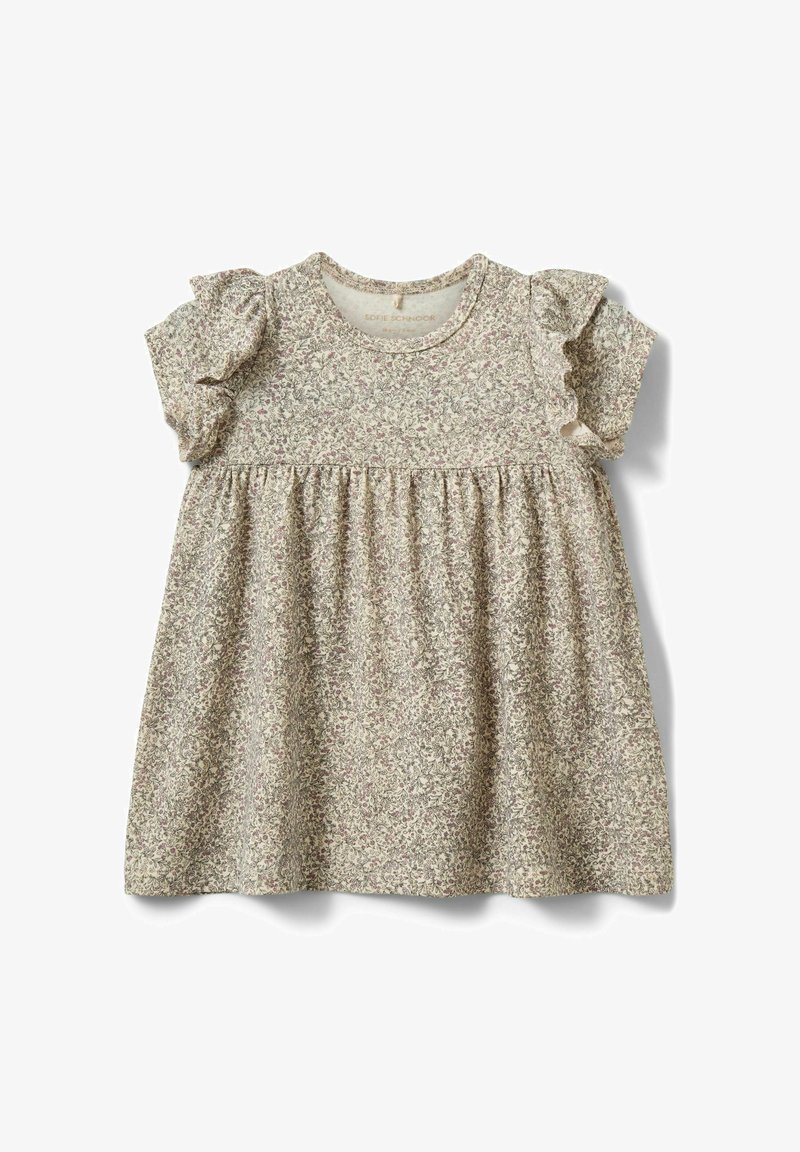 Robe pour tout-petit avec manches courtes à volants, taille froncée et motif floral discret sur un tissu clair.