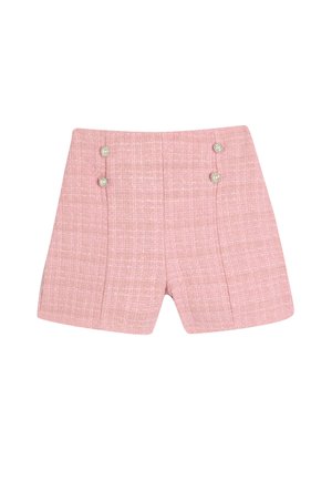 Rosa gewebte Shorts mit strukturiertem Muster, ausgestattet mit zwei dekorativen Knöpfen auf der Vorderseite. Maßgeschneiderter Schnitt und gerade Passform.