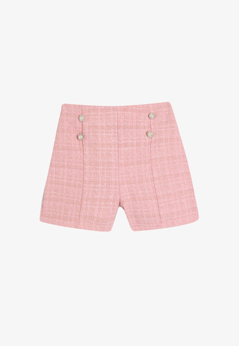 Pantaloni corti intrecciati rosa con un motivo testurizzato, caratterizzati da due bottoni decorativi sul davanti. Design su misura e taglio dritto.