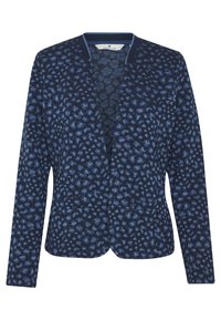 Mörkblå kvinnlig blazer med ljusblå abstrakt prickig design, långärmad och öppen front.