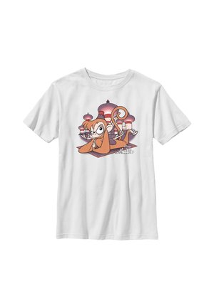 Hvid t-shirt med cartoon abefigur liggende på et magisk tæppe foran et palads med kupler, tekst "Disney Aladdin" nedenfor.