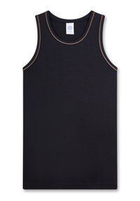 Black tank top made of smooth fabric, featuring a round neckline with contrasting tan stitching and no sleeves. Simple design, no patterns.