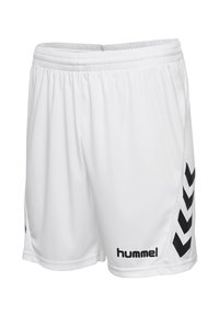 Witte atletiekshorts met zwarte chevronstrepen aan de zijkanten en het "hummel"-logo op het linkerbeen, zichtbare elastische tailleband.