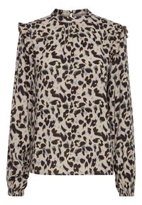 Langärmlige Bluse aus leichtem Stoff mit beigem Hintergrund und schwarzen sowie grünen Leopardenflecken, Falten-Details und Rüschenschultern.