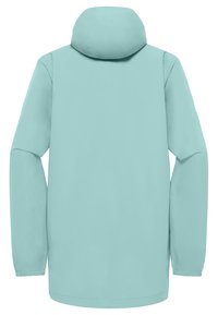 Veste imperméable bleu clair avec capuche, manches longues et poignets élastiques. Tissu lisse sans motifs ni embellissements visibles.