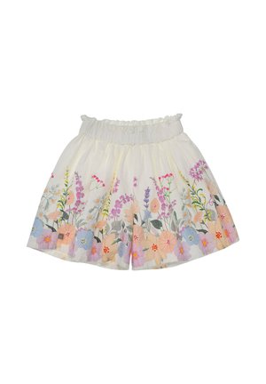White skirt with elastic waistband, adorned with multicolored floral embroidery along the hem in pastel shades.