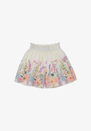 White skirt with elastic waistband, adorned with multicolored floral embroidery along the hem in pastel shades.