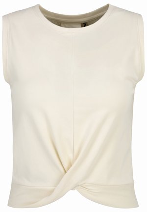 Top senza maniche di colore crema con scollatura tonda, dettaglio nodo sull'orlo e una texture di tessuto liscia e morbida.