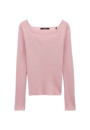 Top à manches longues côtelé en rose doux avec un large col carré et une coupe légèrement ajustée, fabriqué en tissu tricoté extensible.