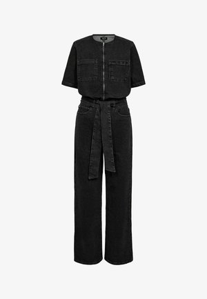 Zwarte denim jumpsuit met korte mouwen, ritssluiting aan de voorkant, twee borstzakken en wijde benen. Inclusief een bijpassende riem in de taille.