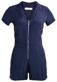 Navyblauer Kurzarm-Overall mit einem Frontreißverschluss und Kragen. Hergestellt aus glattem Stoff, mit einer taillierten Taille und umgeschlagenen Manschetten.