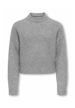 Pull gris court en tissu doux et texturé. Il présente un col haut, des manches longues et des bords côtelés aux poignets et à l'ourlet.