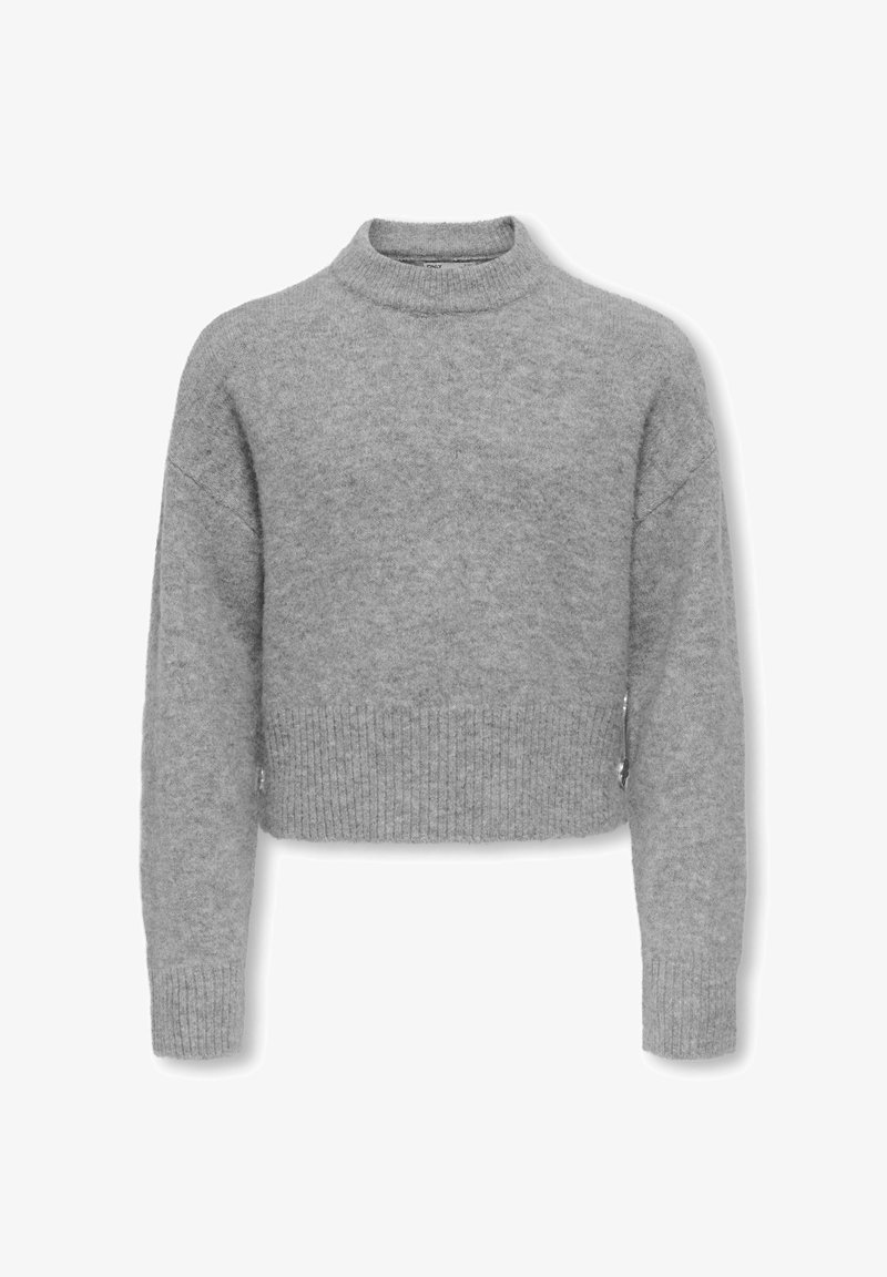 Pilkas trumpas megztinis, pagamintas iš minkštos, tekstūruotos medžiagos. Turi aukštą kaklą, ilgas rankoves ir raštuotus rankogalius bei apatinę dalį.