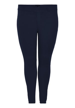Pantaloni dama bleumarin, croi conic, cu curea și buzunare frontale, lungime până la gleznă, design simplu, fără modele sau ornamente vizibile.