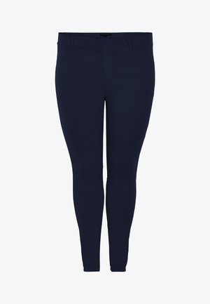 Ženske uske hlače tamnoplave boje mornarice, s petljama za remen i prednjim džepovima, dužine do gležnja, jednobojni dizajn bez vidljivih uzoraka ili ukrasa.