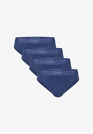 Quattro slip da uomo blu navy con ampi elastici in vita marchiati "Sloggi" in grigio chiaro, disposti sovrapposti su sfondo bianco.