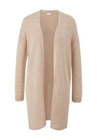 Cardigan beige lavorato a maglia con maniche lunghe, davanti aperto e polsini a costine. Texture morbida e vestibilità ampia, adatto per essere indossato a strati.