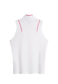 Ärmlös vit polo med krage, med rosa detaljer på axlarna och halsringningen, tillverkad av ett glatt, lätt material.