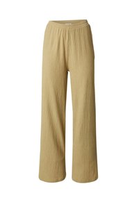 Lichtbeige, gestructureerde broek met wijde pijpen en een elastische tailleband, met een losse pasvorm en subtiele kreuken door de stof.