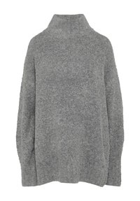 Grauer, gestrickter Pullover mit hohem Kragen, lockerer Passform und langen Ärmeln. Weiche Textur, keine sichtbaren Verschlüsse oder Muster.