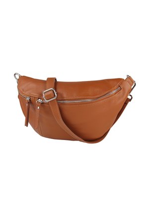 Sac bandoulière en cuir marron à la forme arrondie, doté d'une poche zippée à l'avant, d'une sangle réglable et d'une finition texturée.