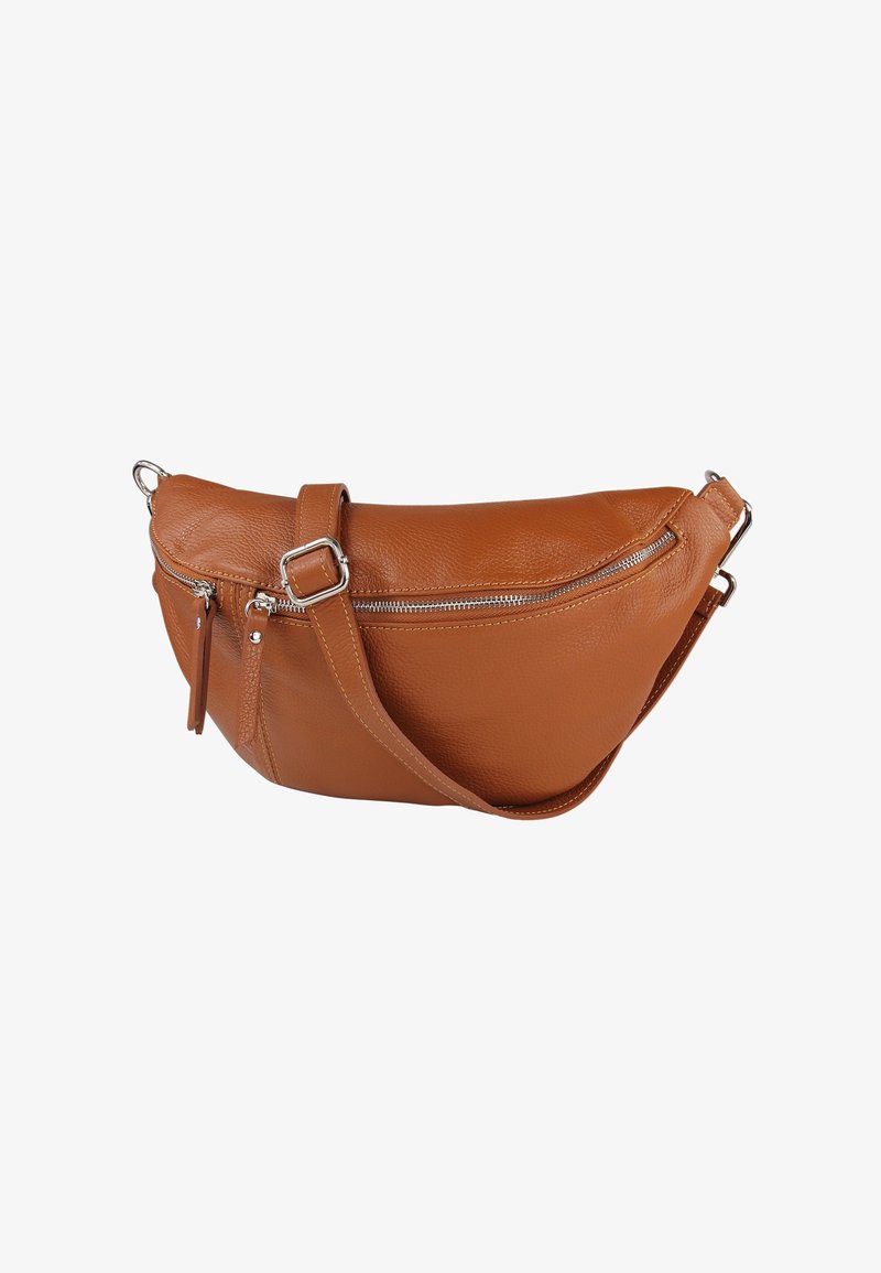 Bruine leren crossbodytas met een gebogen vorm, voorzien van een voorvak met rits, verstelbare band en een textuureinde.