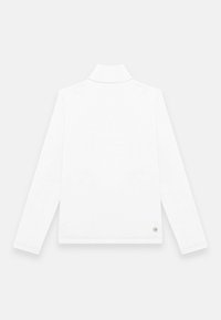 Pullover bianco a maniche lunghe con colletto alto, texture liscia e una piccola accentuazione del logo vicino all'orlo. Design semplice e minimalista.